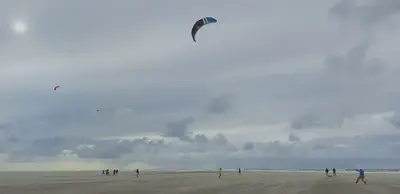 Flying kites at Kijkduin beach in stormy conditions